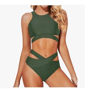 Two Piece High Neck Bikini Set Cutout Swimsuit Criss Cross Bandage Bathing Suit